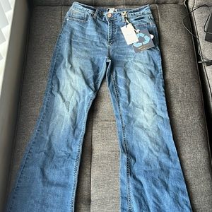 Medium wash bell-bottom denim jeans